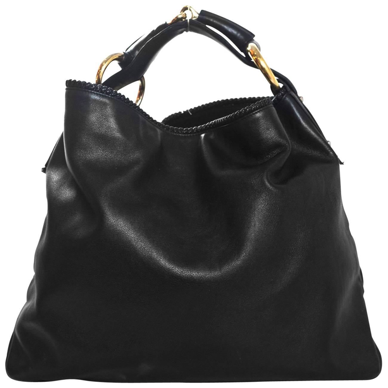 Gucci Black Leather Horsebit Hobo Bag