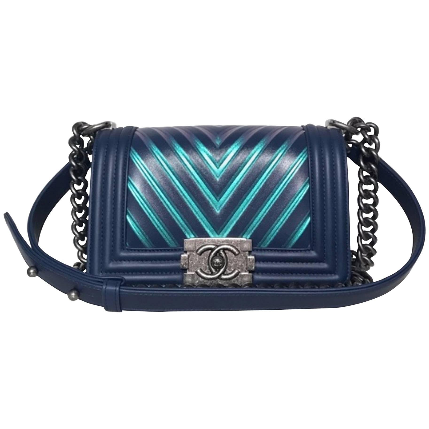 Chanel Painted Chevron Iridescent Small Bag (Blue, Size - Small) For Sale