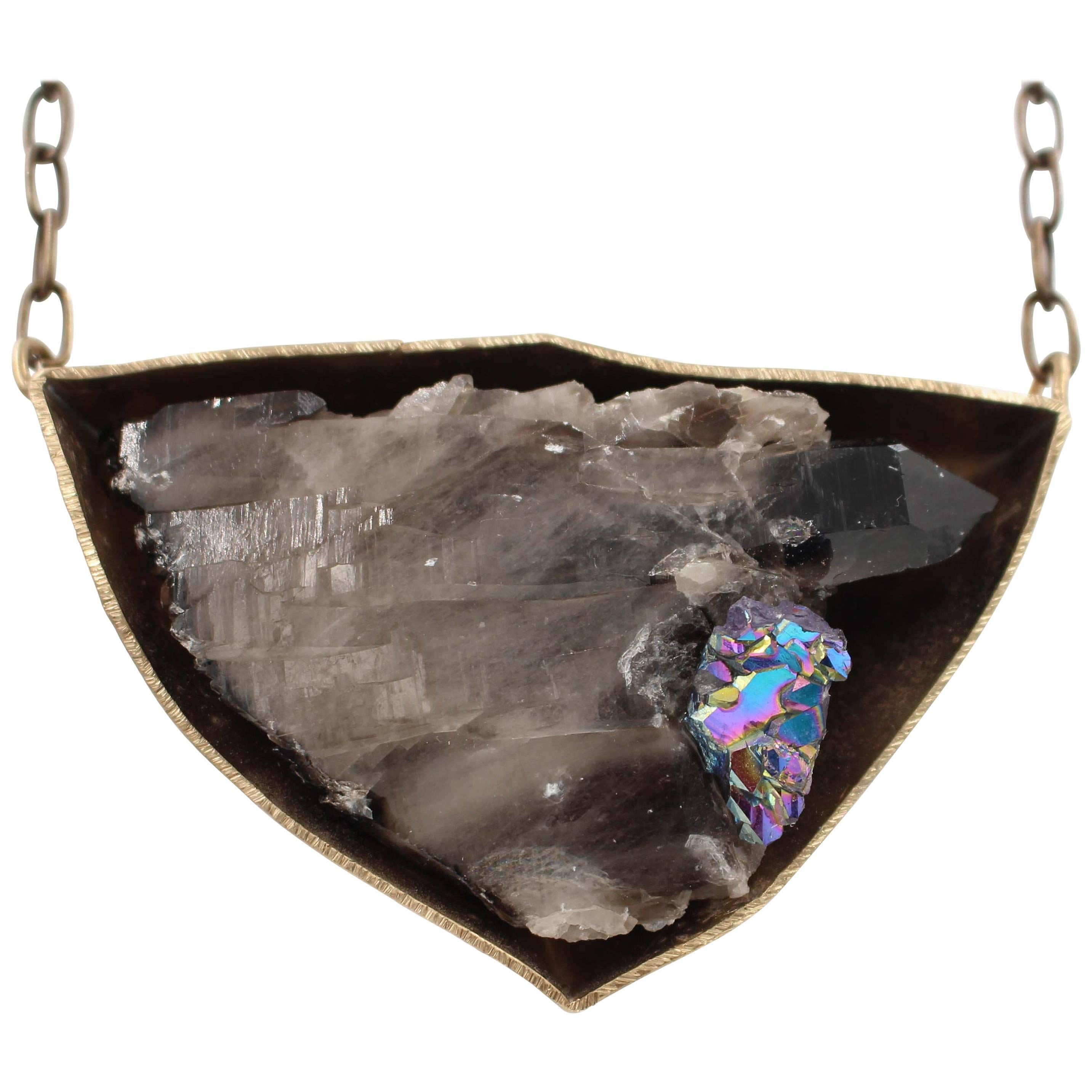 Smoky Crystal Quartz with Small Titanium Crystal Accent in Bronze Necklace For Sale