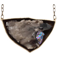 Smoky Crystal Quartz with Small Titanium Crystal Accent in Bronze Necklace