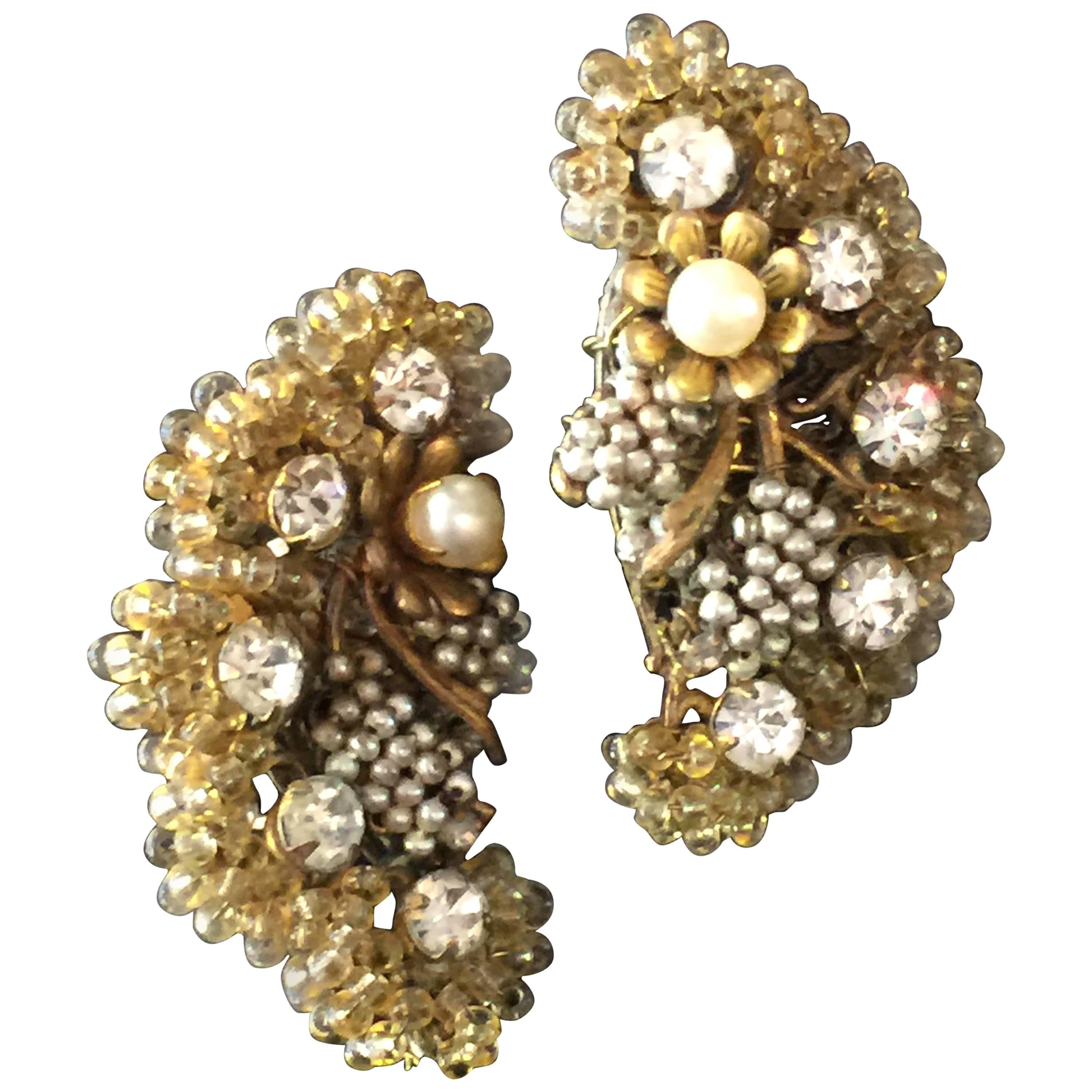 MIRIAM HASKELL Intricate Seed Pearl Crystal Clip Crescent Earrings For Sale
