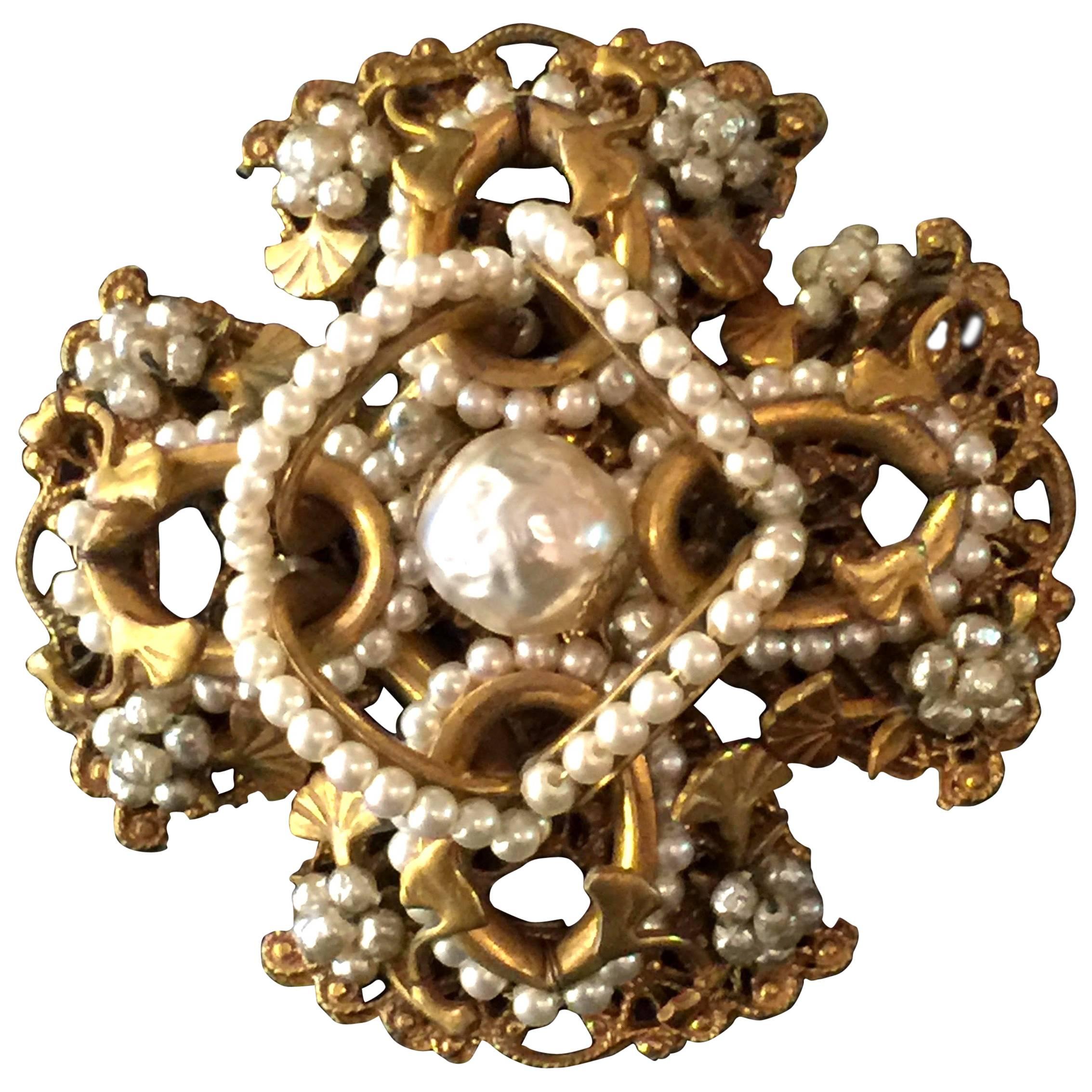 Luxe MIRIAM HASKELL Intricate Intelocking Baroque Pearl Iron Cross Brooch/Pin For Sale