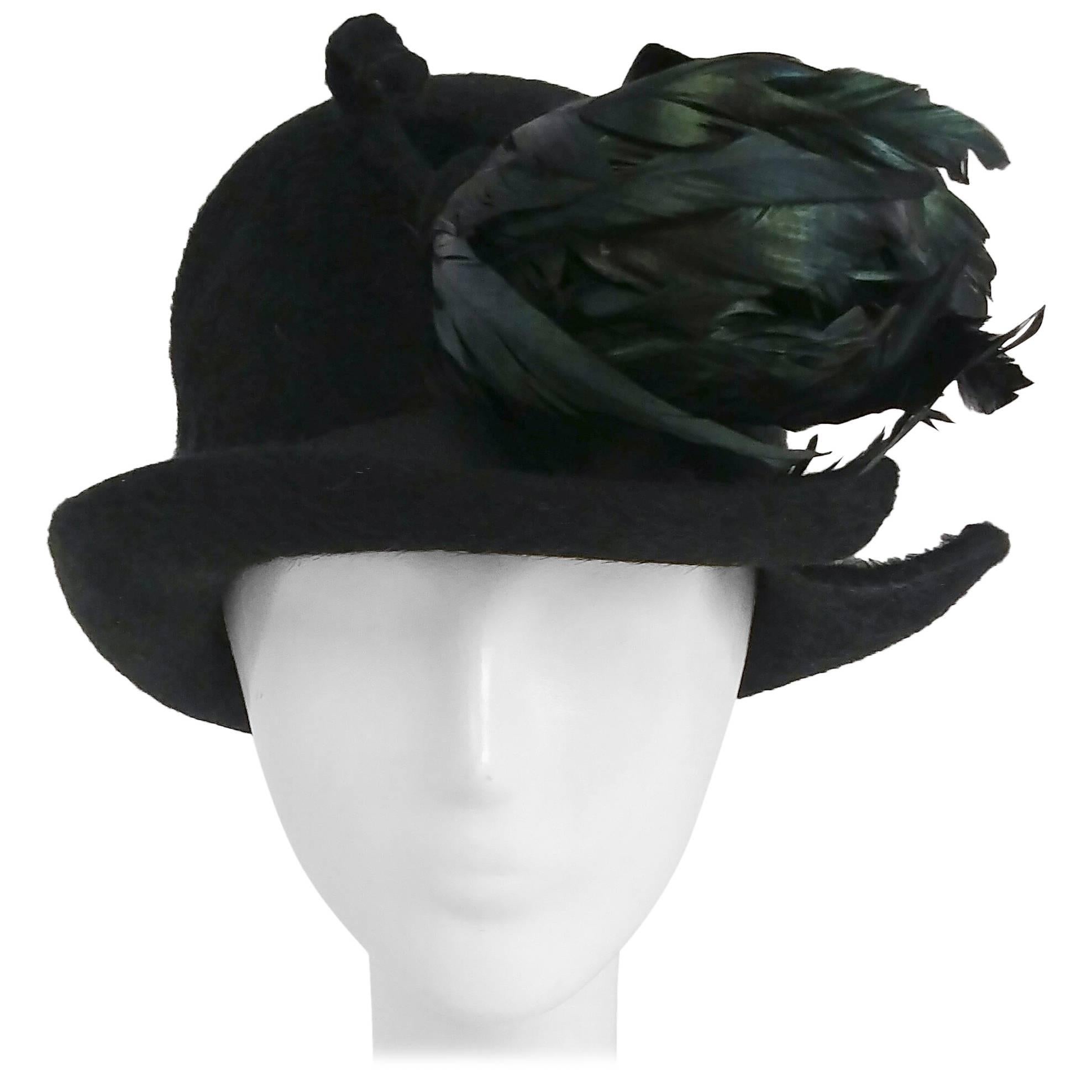 1960s Fur Felt Cloche Hat w/ Rooster Feathers