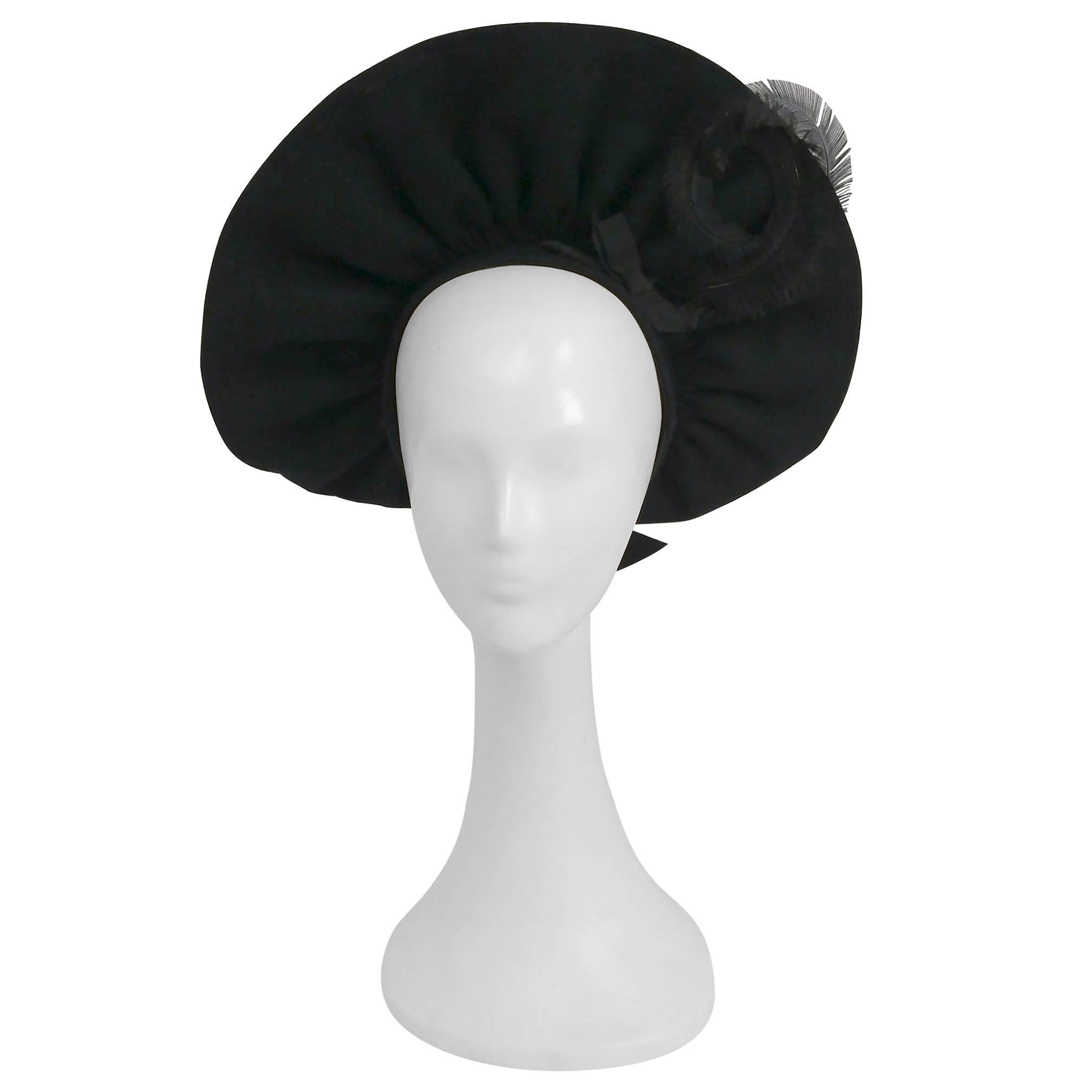 1940s Black Wool Ruffled Hat w/ Curled Feather