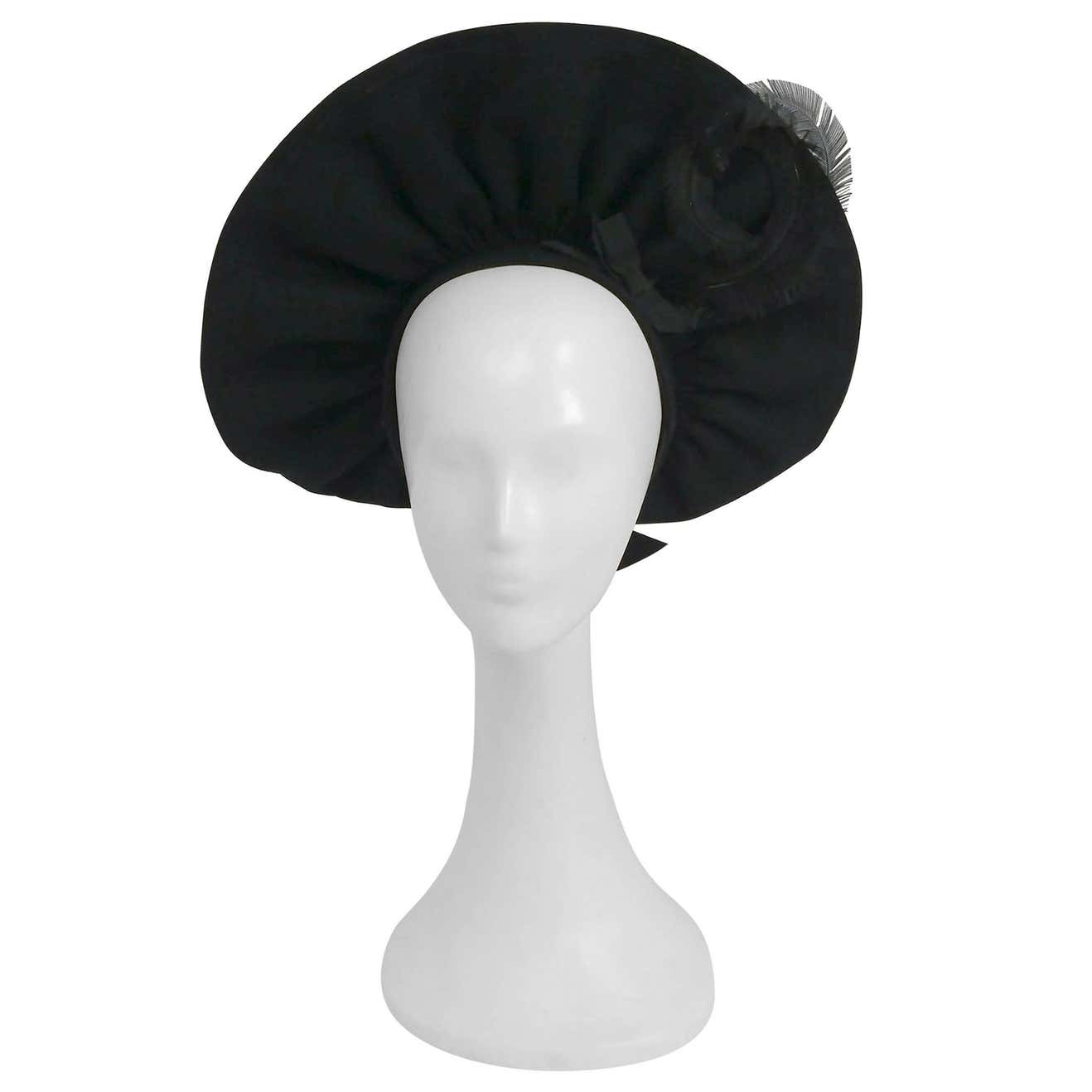 1940s Black Wool Ruffled Hat w/ Curled Feather at 1stDibs