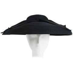 1950s Black Woven Sun Hat w/ Large Bow