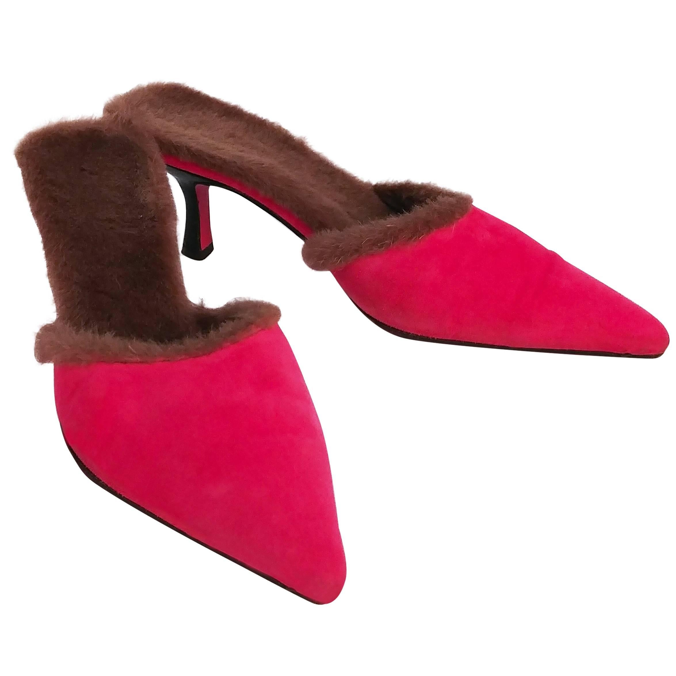 1980s Ungaro Hot Pink Suede Mules w/ Faux Fur Lining