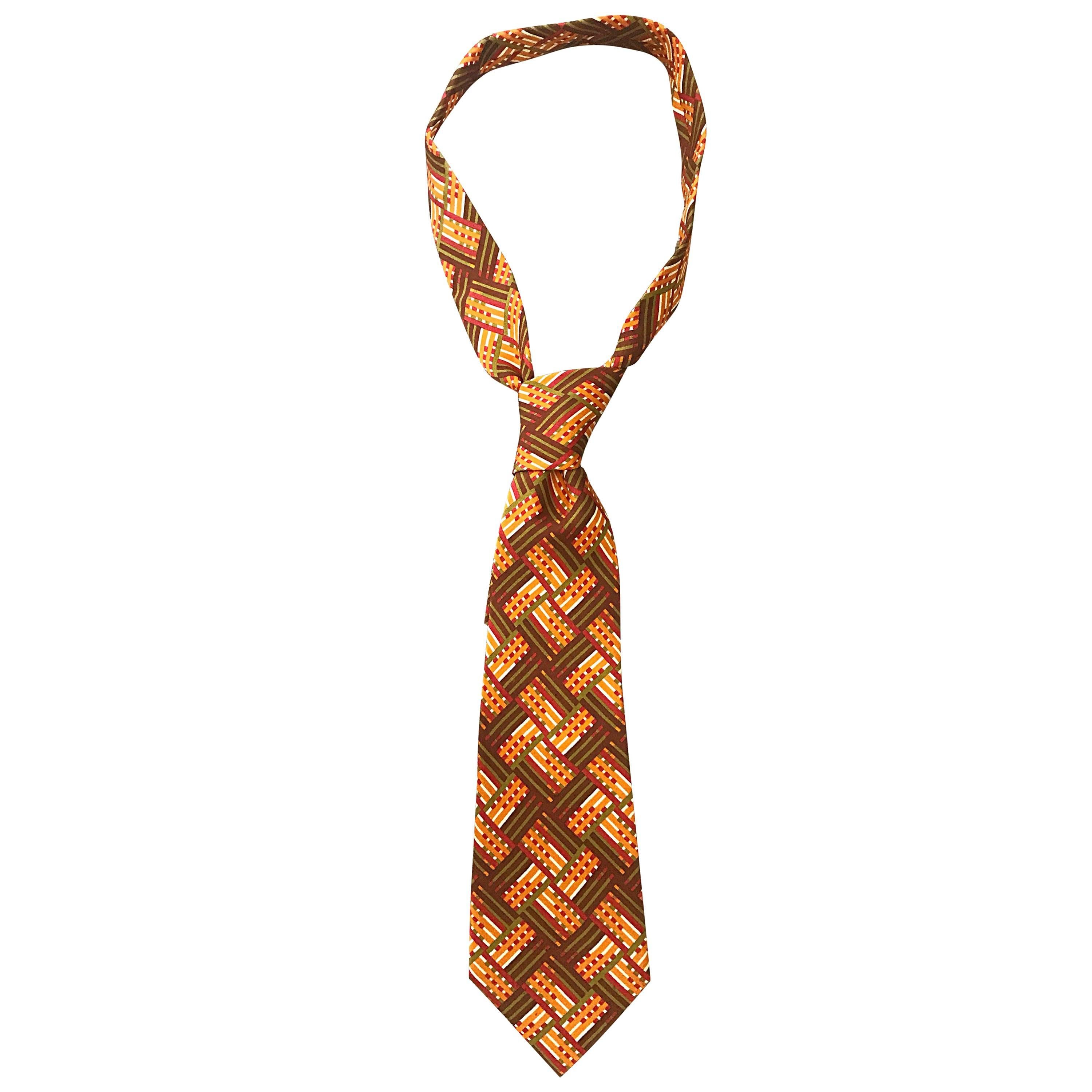 Vintage Hermes Men's 1970s Silk Neck Tie in Brown, Orange and Maroon Plaid 