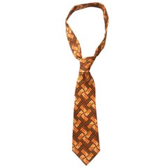Used Hermes Men's 1970s Silk Neck Tie in Brown, Orange and Maroon Plaid 