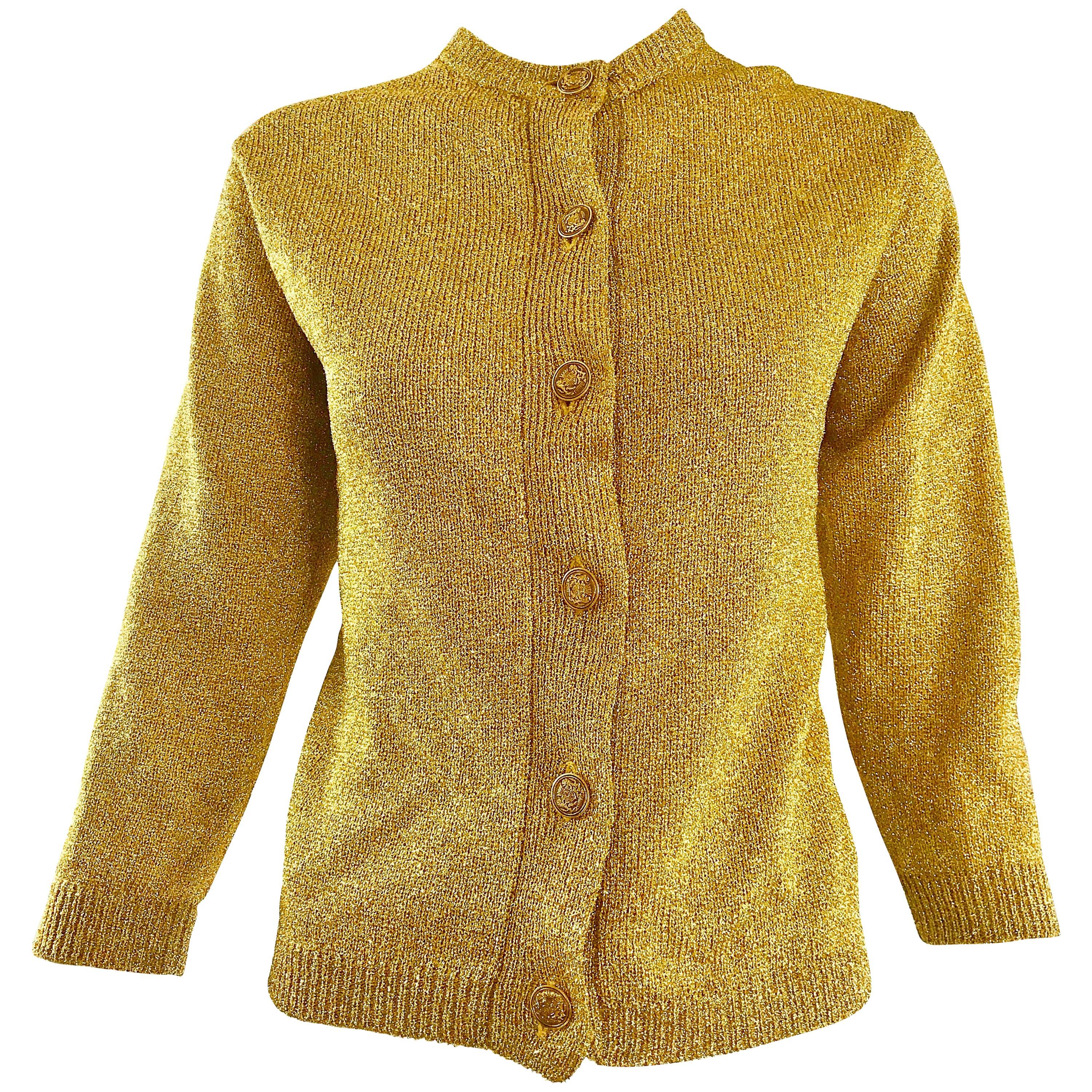 1950s Gold Metallic Lurex 3/4 Sleeves French Made Vintage 50s Cardigan Sweater