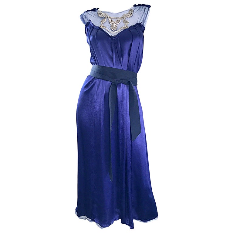 Trelise Cooper 1990s Navy Blue Liquid Silk Rhinestone Vintage 90s Midi