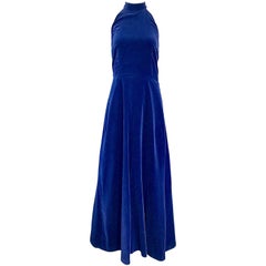 Yves Saint Laurent 1970s Vintage Navy Blue Velvet High Neck Halter Gown 