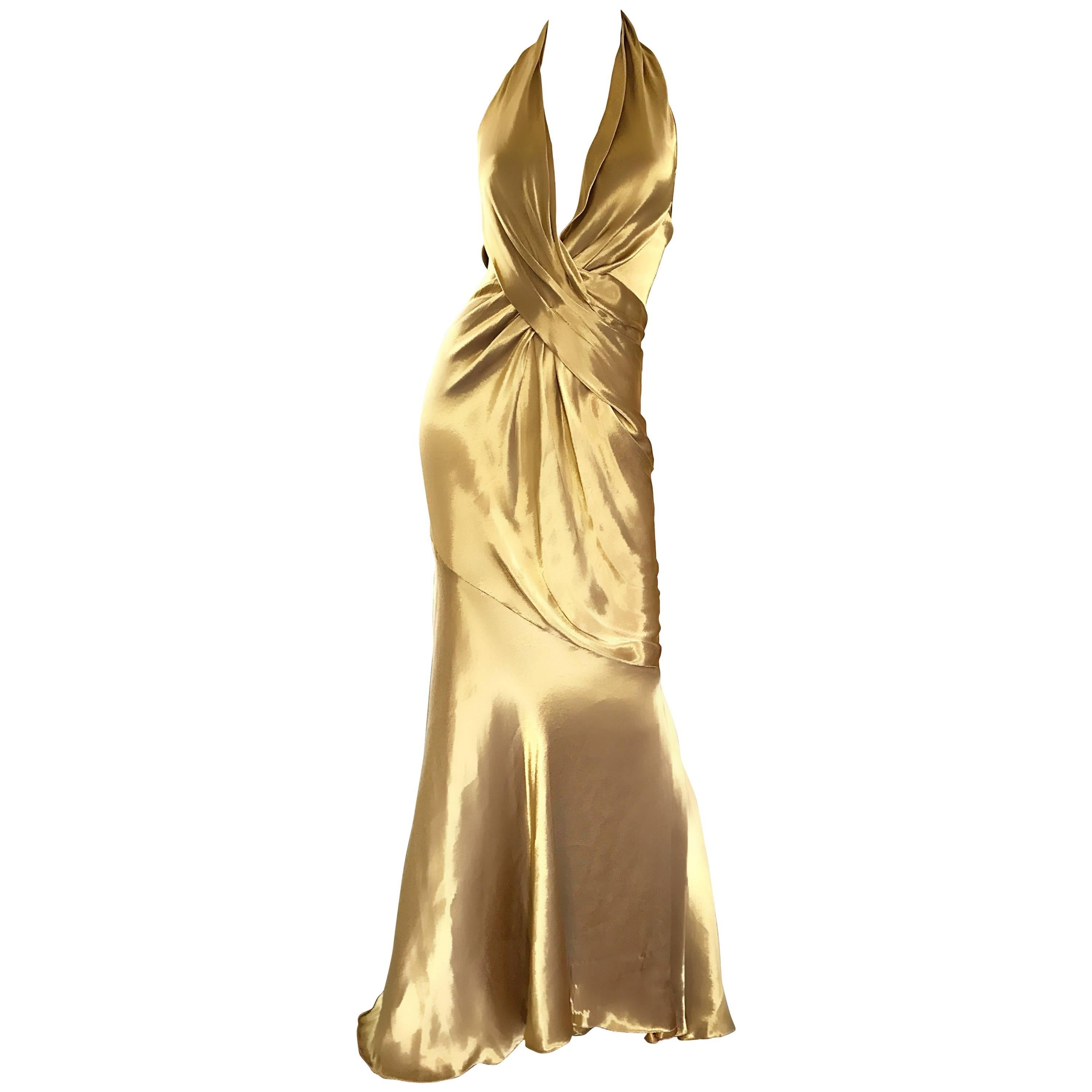 Stunning Vintage Donna Karan 1990s Liquid Gold Silk Plunging 90s Halter Gown
