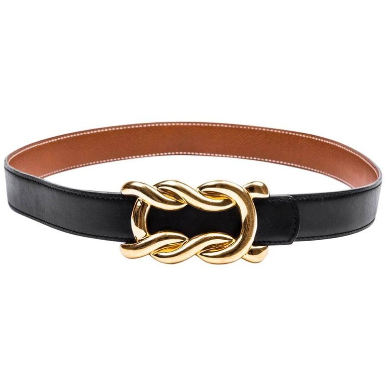 HERMES Reversible Belt in Smooth Black Box Leather and Gilded Buckle