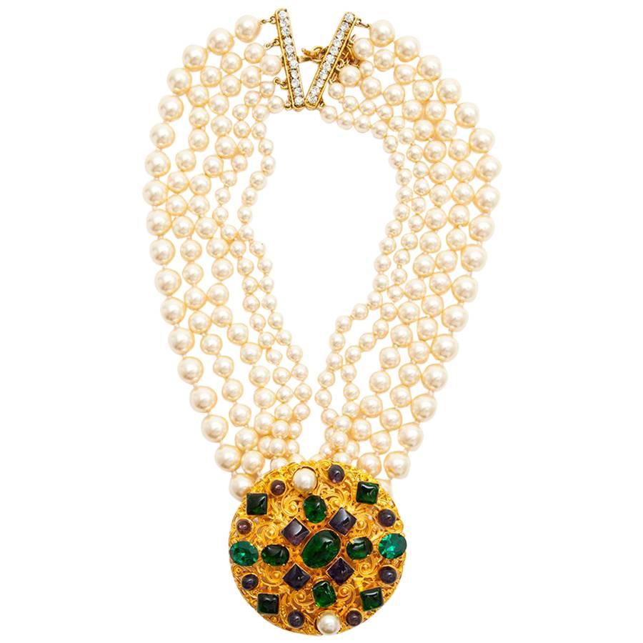 MARGUERITE DE VALOIS Couture 5 Rows Necklace in Pearls and Molten Glass