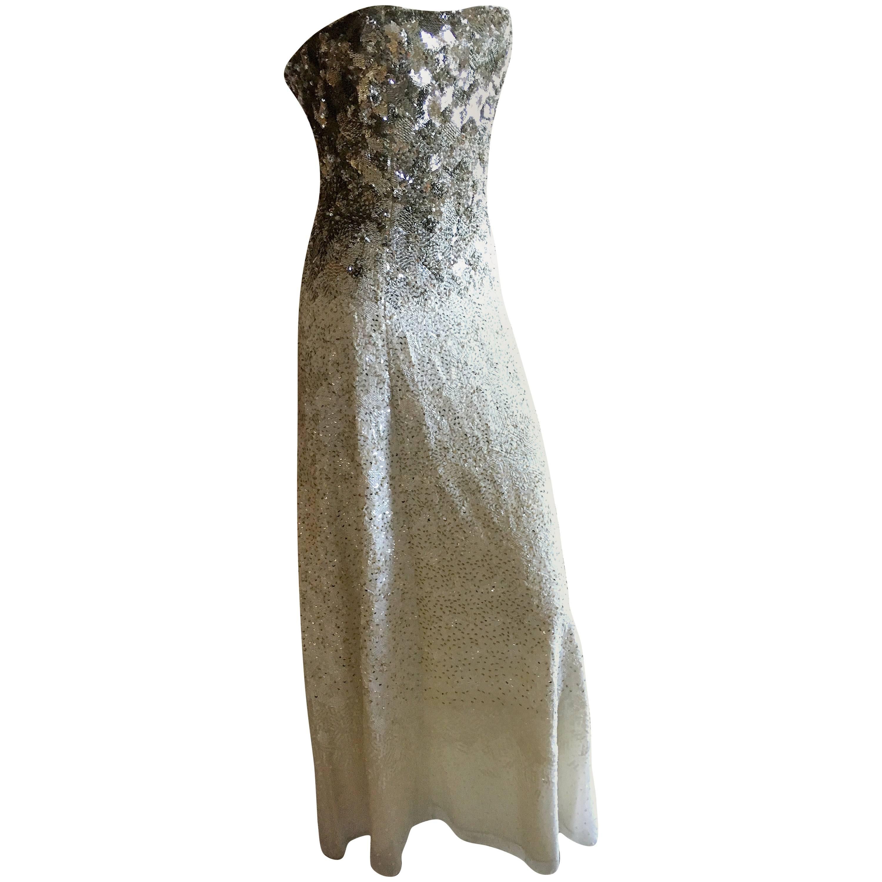 Oscar de la Renta Strapless Silver White Built in Corset Sequin Evening Dress For Sale