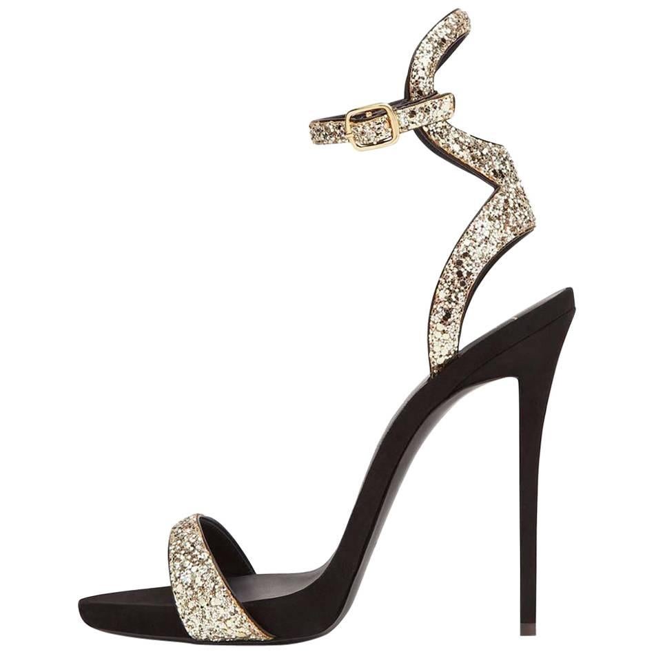 Giuseppe Zanotti New Black Gold Glitter Evening Sandals Ankle Heels 