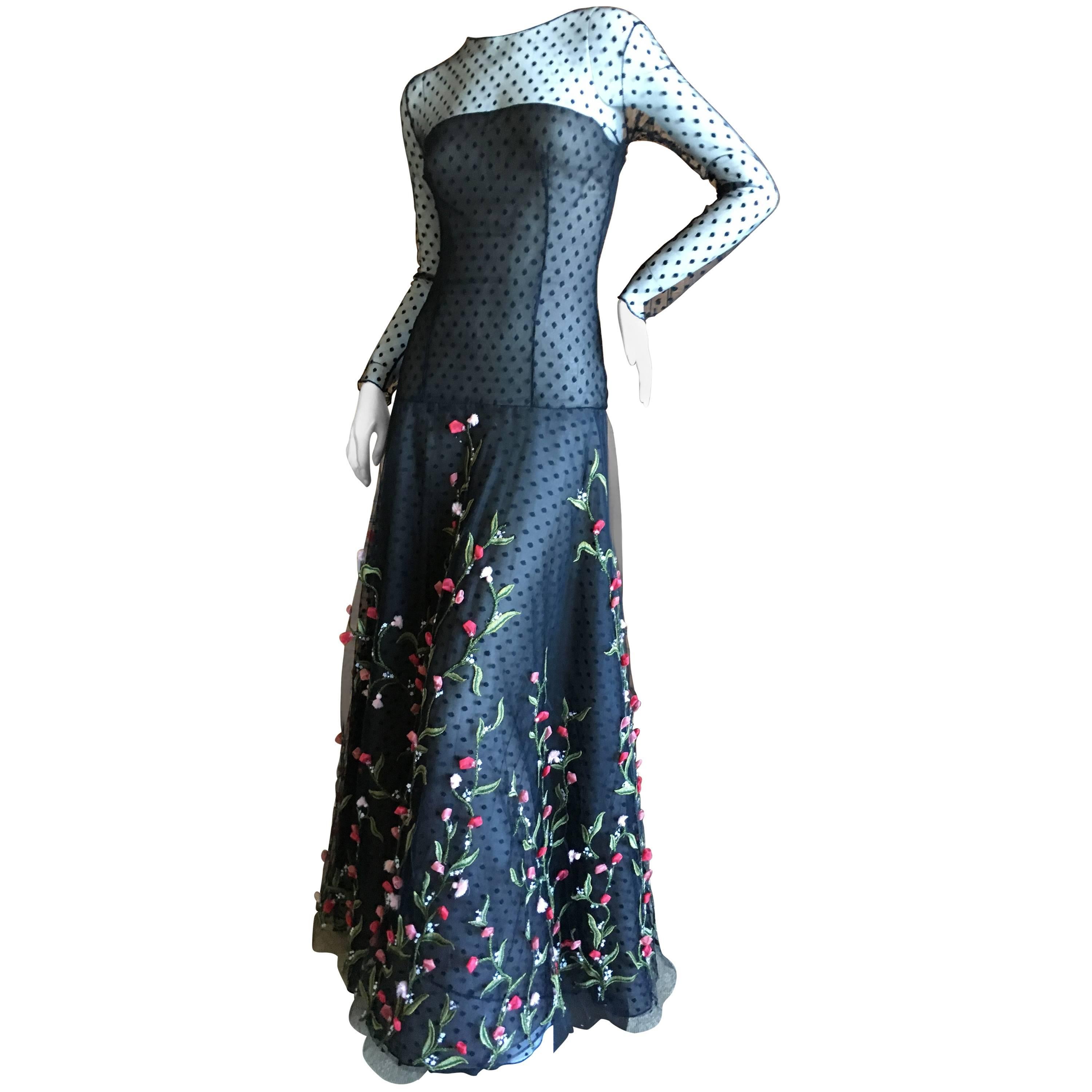 Oscar de la Renta Romantic Rose Floral Embellished Sheer Lace Evening Dress 