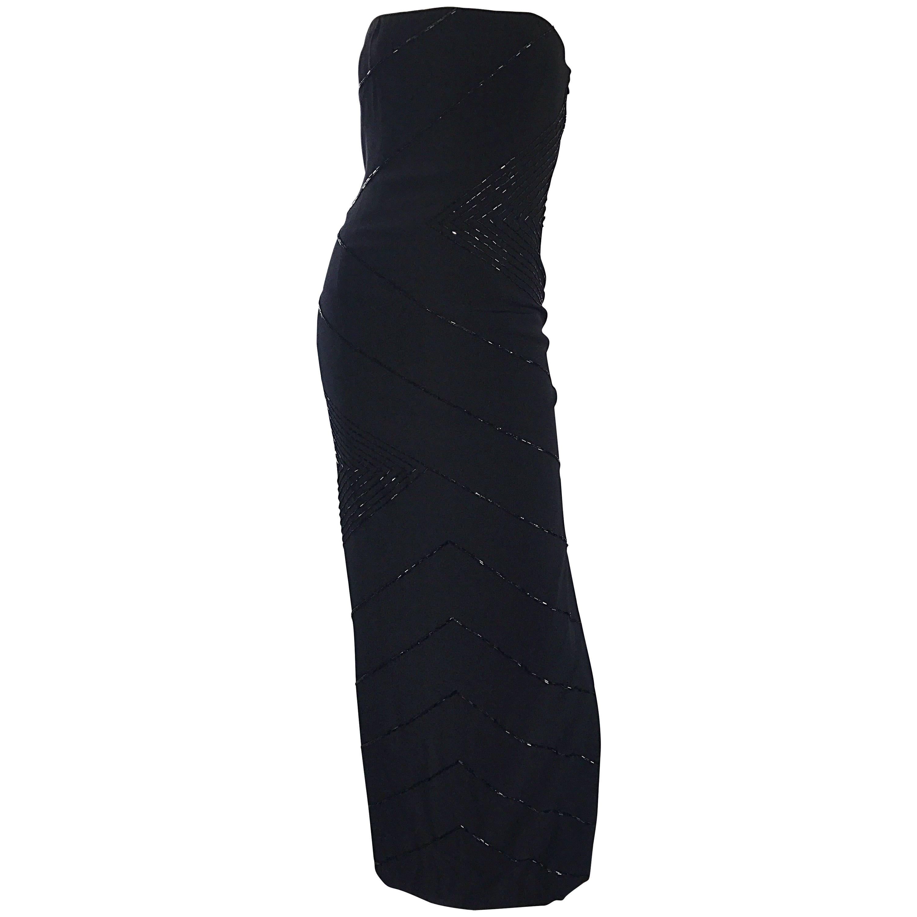 Vintage BIll Blass Black 1990s Beaded Size 6 / 8 90s Strapless Evening Dress For Sale