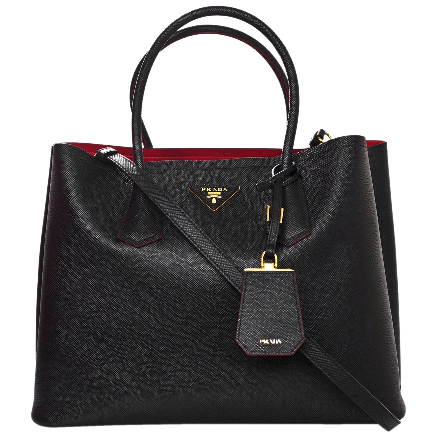 Prada Black Saffiano Leather Double Handle Tote Bag w. Red Interior rt. $2,  780 For Sale at 1stDibs | black bag with red interior, prada bag red  interior, prada black bag red interior