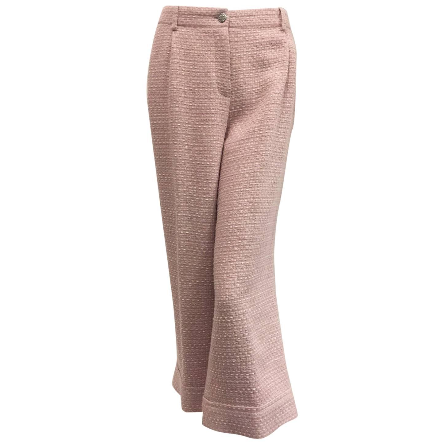 Classic Chanel Pink and Ivory Cropped Wide Leg Open Weave Knit Pant