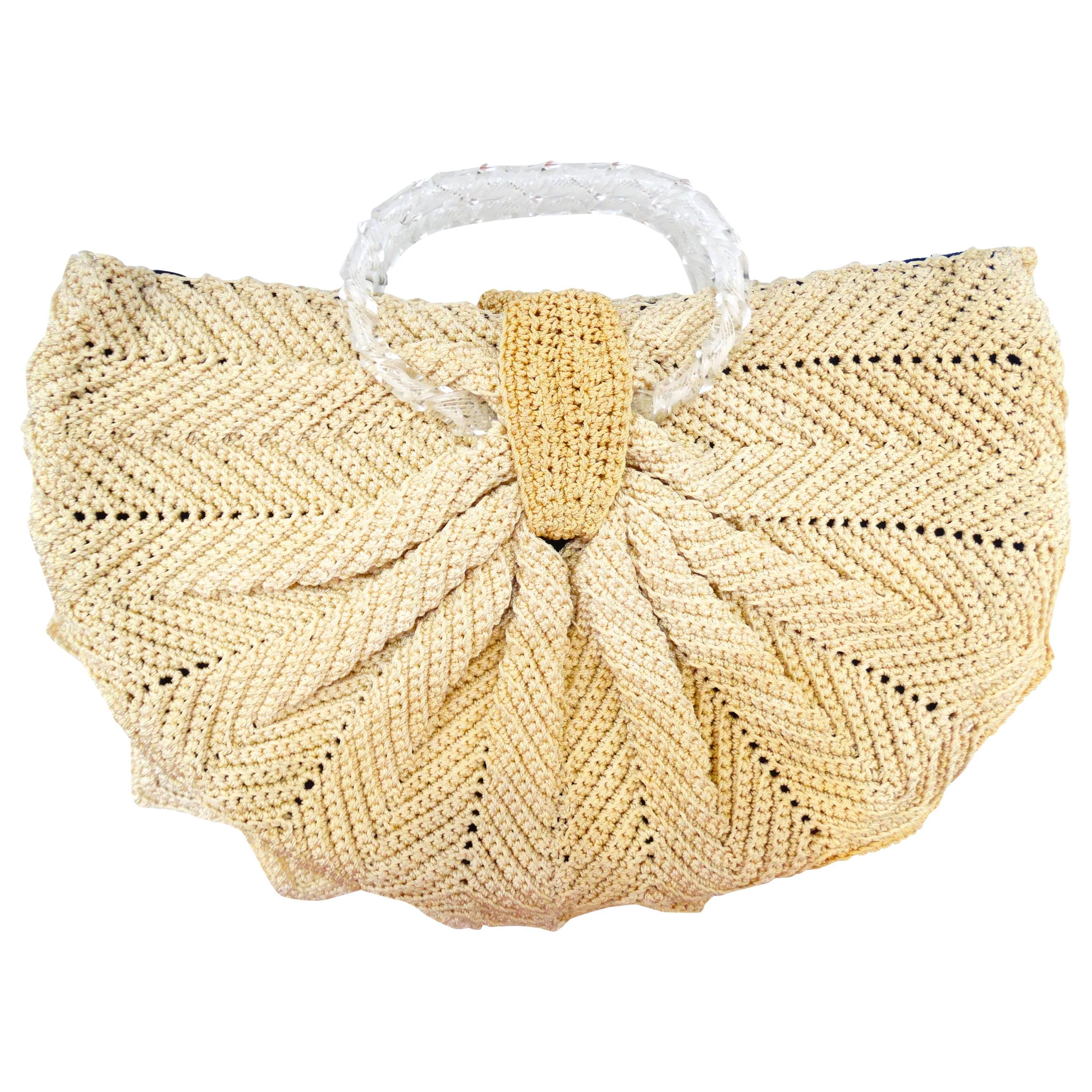 Wonderful 1970s Knitted Arc Bag With Lucite Handles
