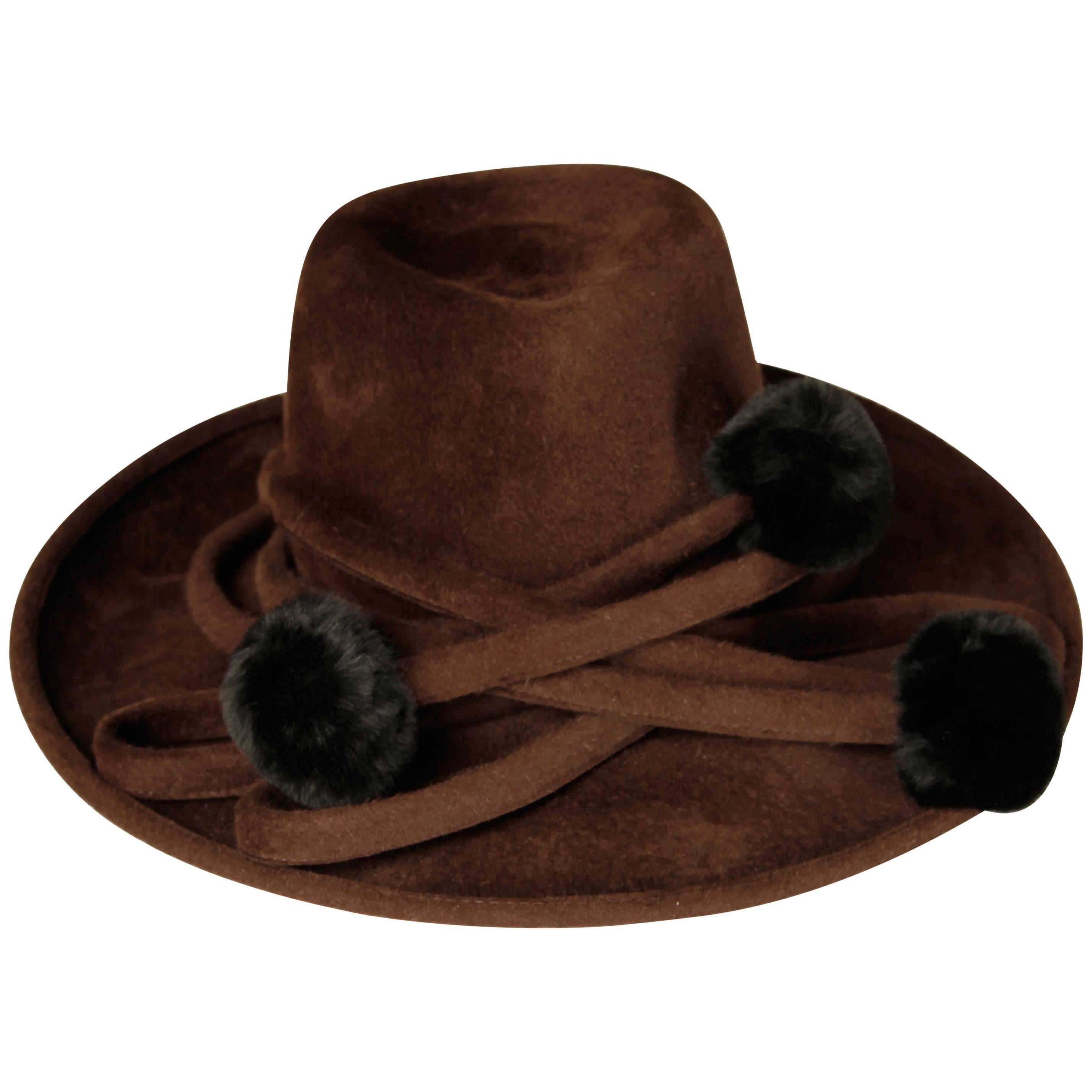 Unworn with Tags Bailey Tomlin Vintage Brown Wool Hat with Black Fur Pom Poms 