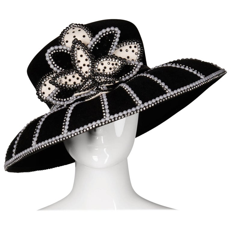 George Zamau'l Vintage Black + White Beaded Flower Embellished Rhinestone Hat For Sale