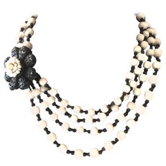 Vintage MIRIAM HASKELL 4 Strand Milk White Glass Black Bead Florette Detailed Necklace