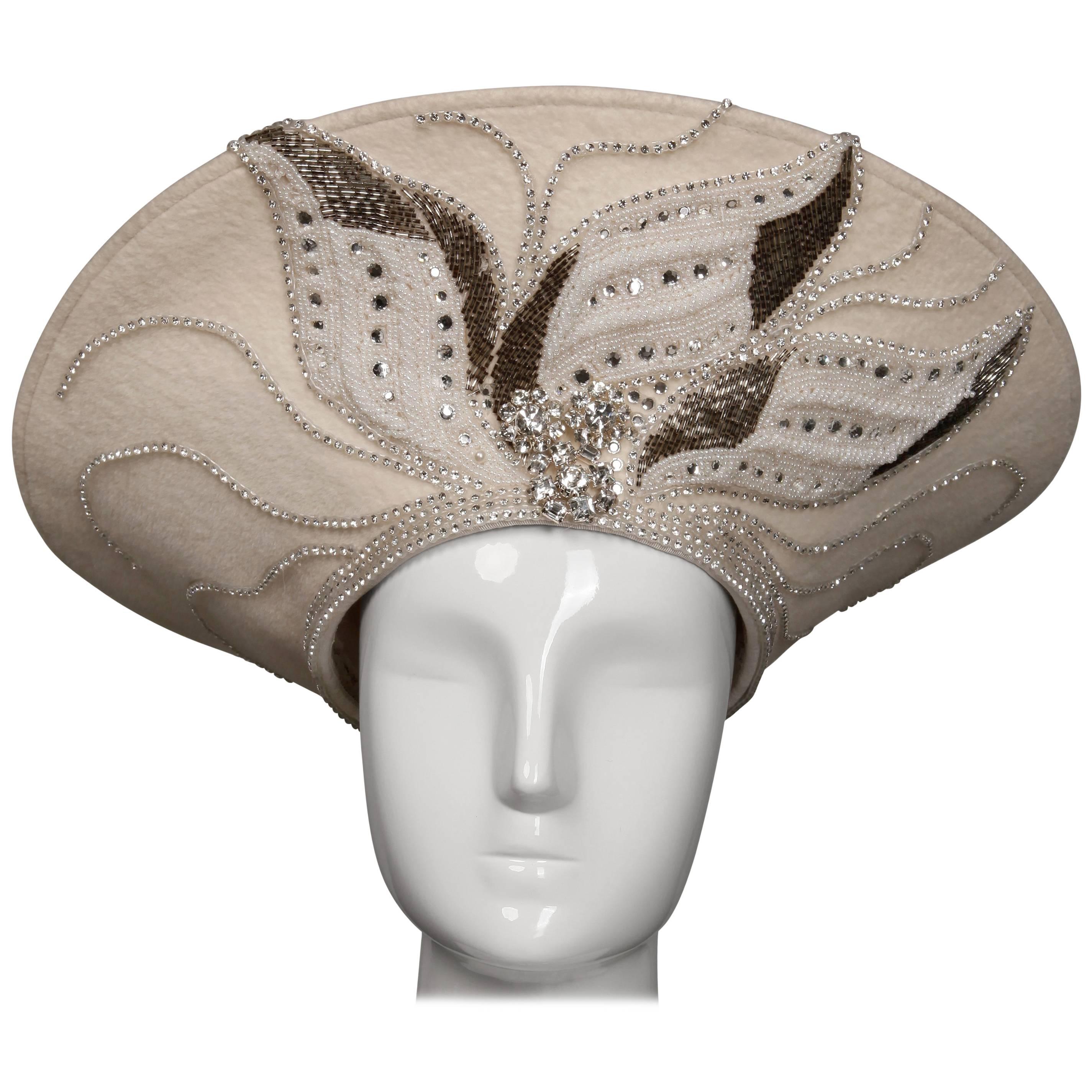 Unworn with Tags George Zamau'l Couture Vintage Hat with Rhinestones + Beading For Sale