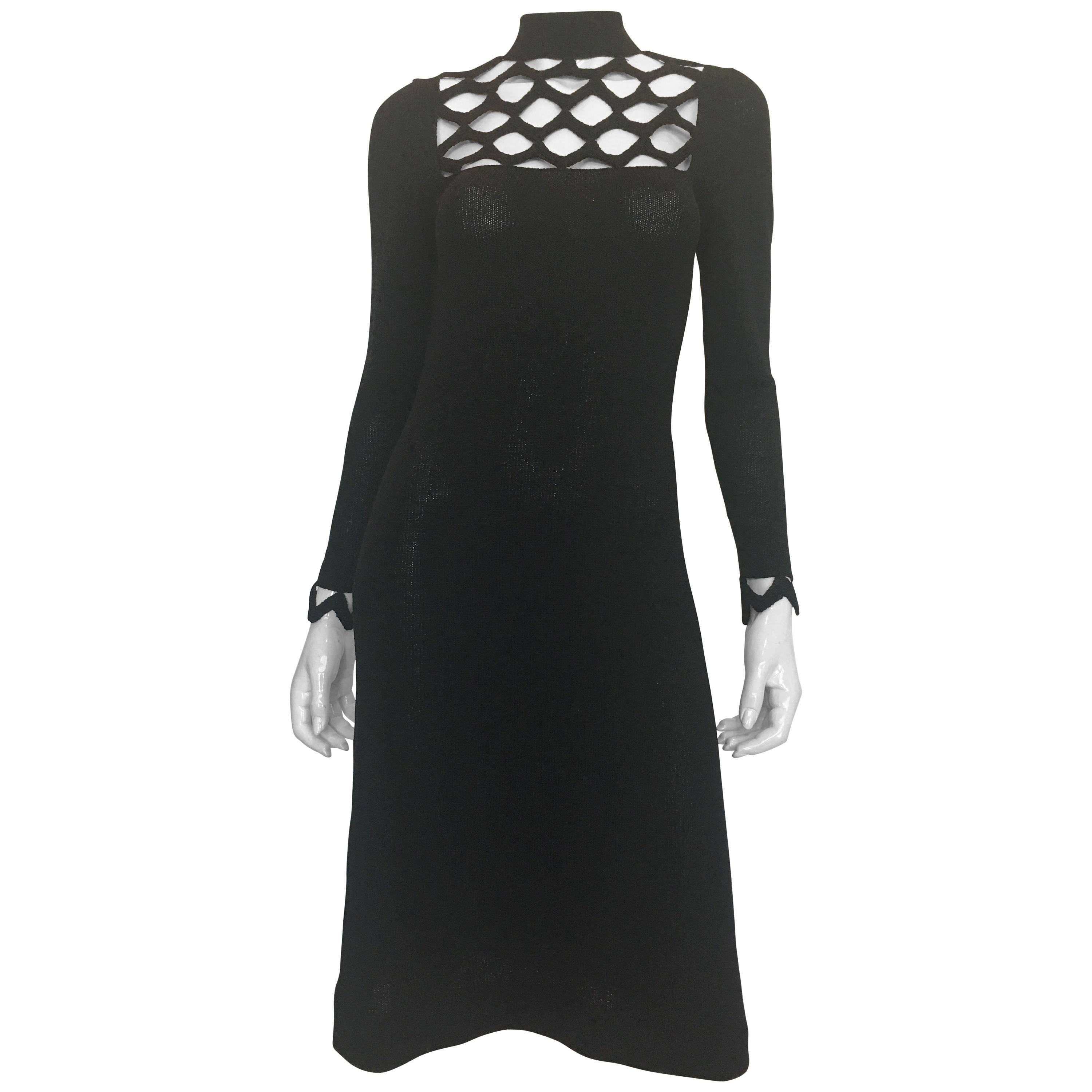 Adolfo at Saks Fifth Avenue Black Knit Lattice Dress, 1970s  For Sale
