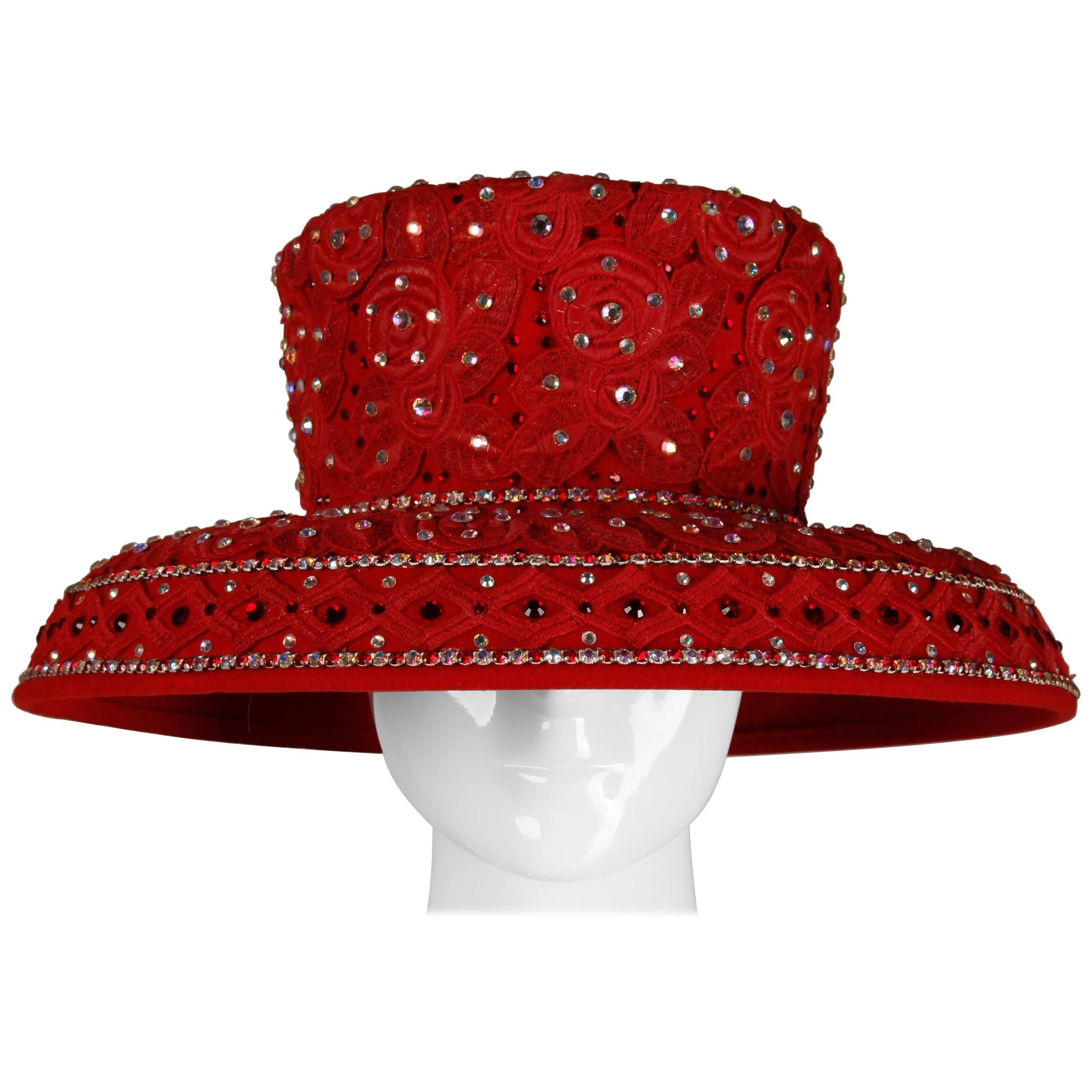 Unworn with Tags Vintage Makins New York Red Hat with Beading + Rhinestones