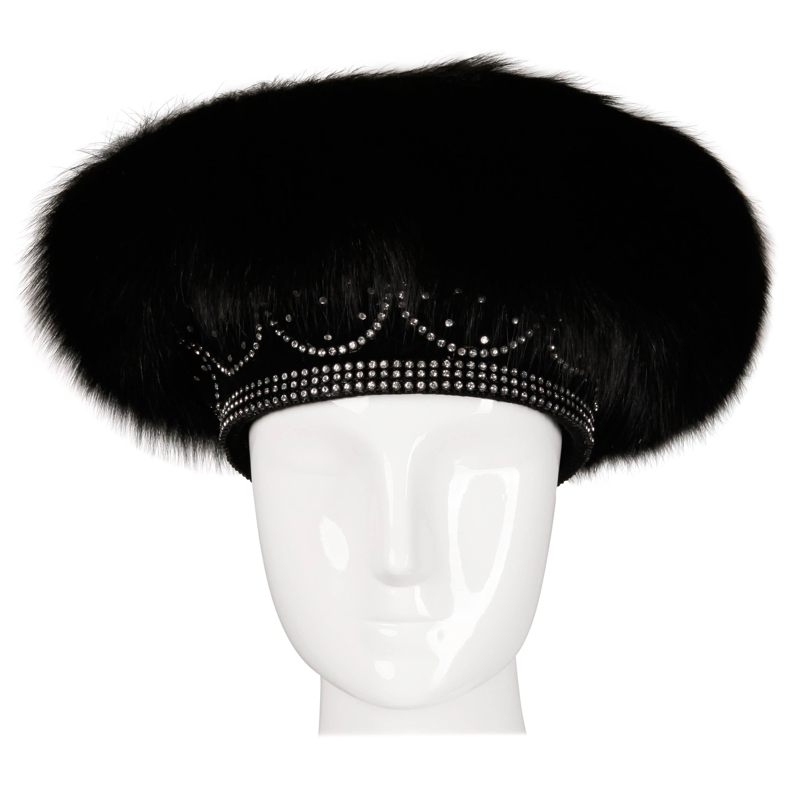 Unworn with Tags Vintage George Zamau'l Black Fox Fur + Rhinestone Hat