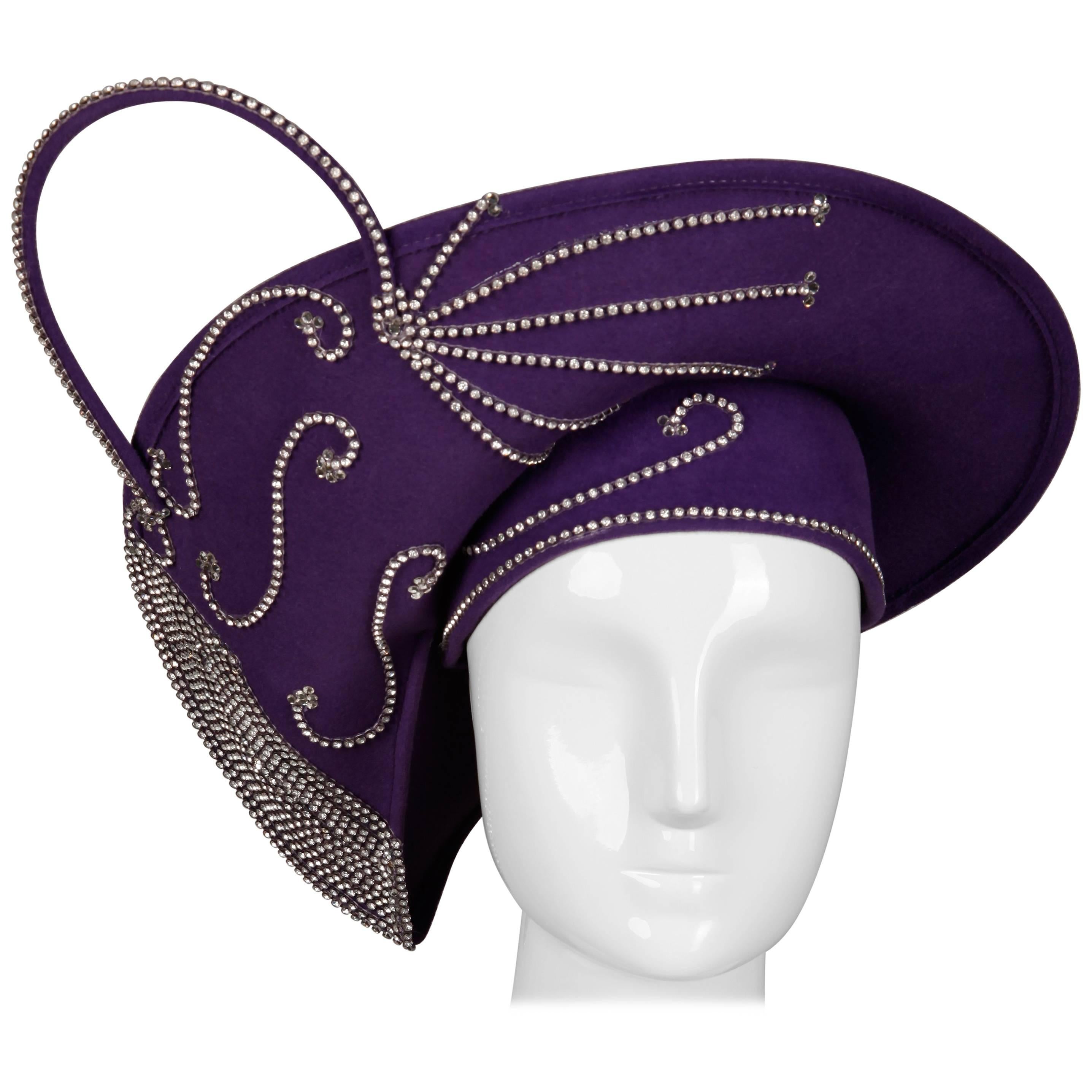 George Zamau'l Vintage Avant Garde Purple Rhinestone Wool Hat Unworn with Tags  For Sale