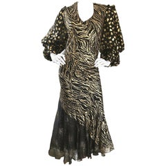 Plus Size Vintage Judy Hornby Couture Hand Painted Gold Black Animal Print Dress