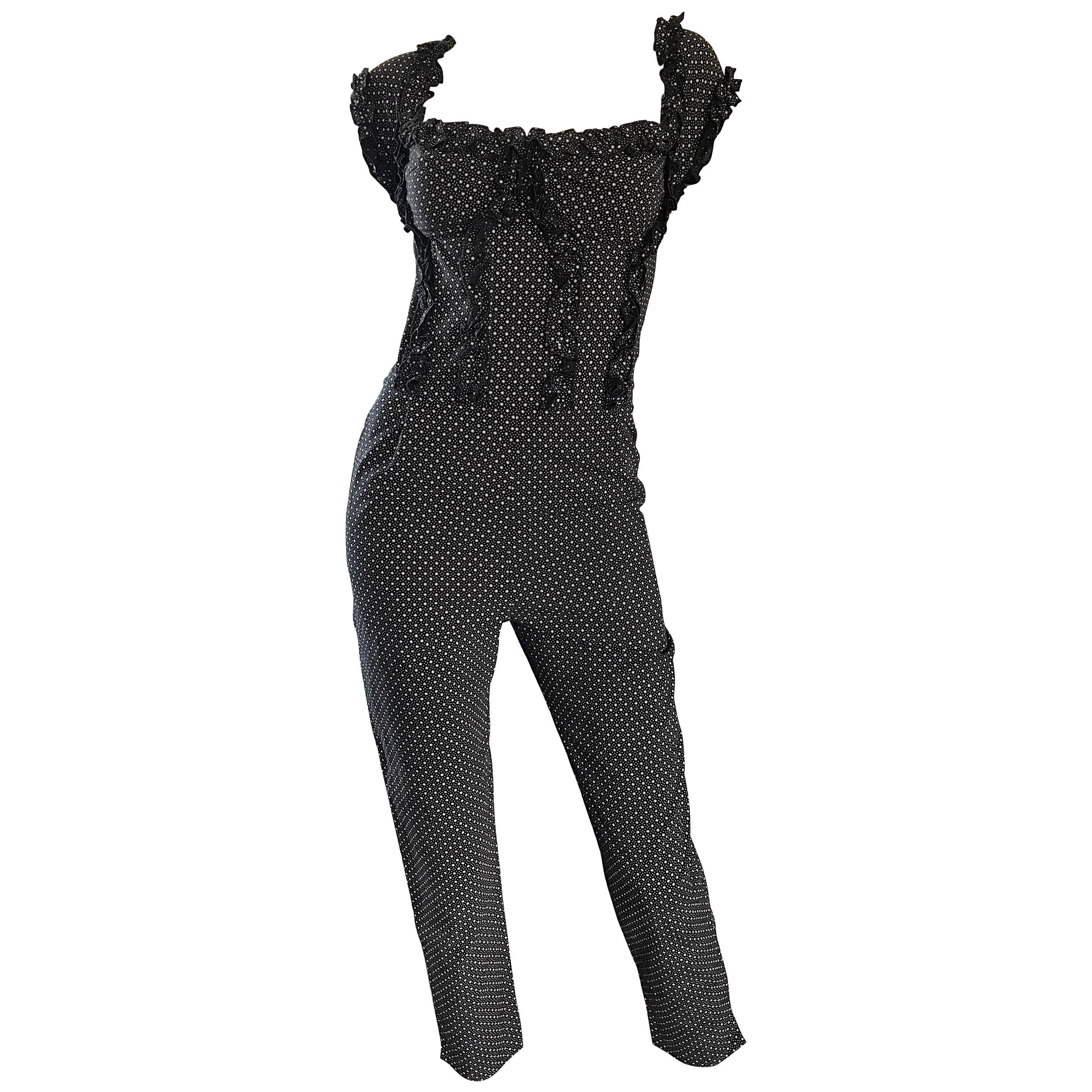 Brioni 1990s Black and White Flower Print Vintage 90s Cropped Corset Jumpsuit