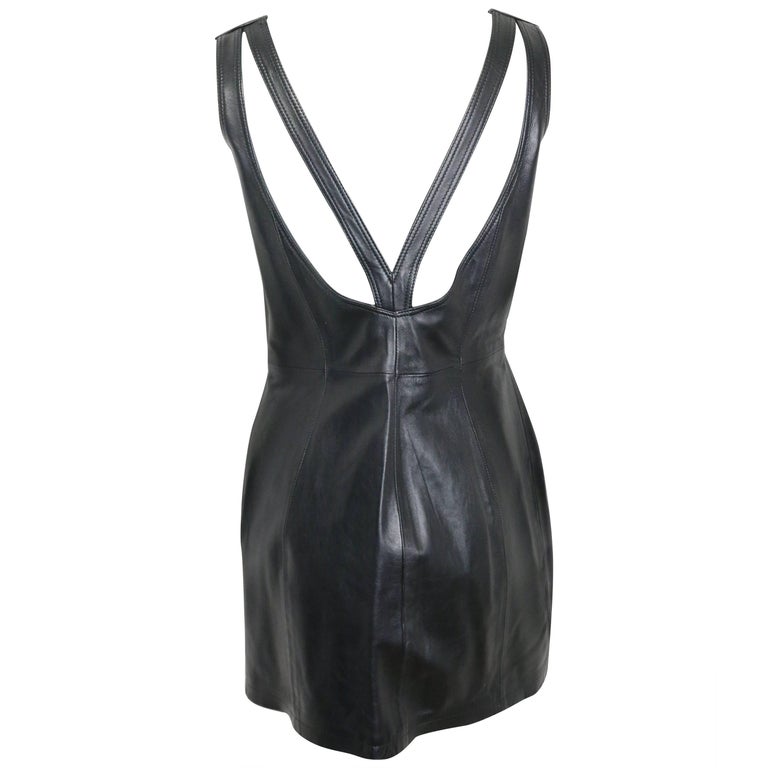 Gianni Versace Iconic Black Leather Back Cut Out Dress For Sale at