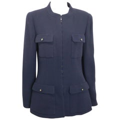 Vintage Chanel Dark Navy Military Inspired Style Mandarin Collar Wool Jacket 