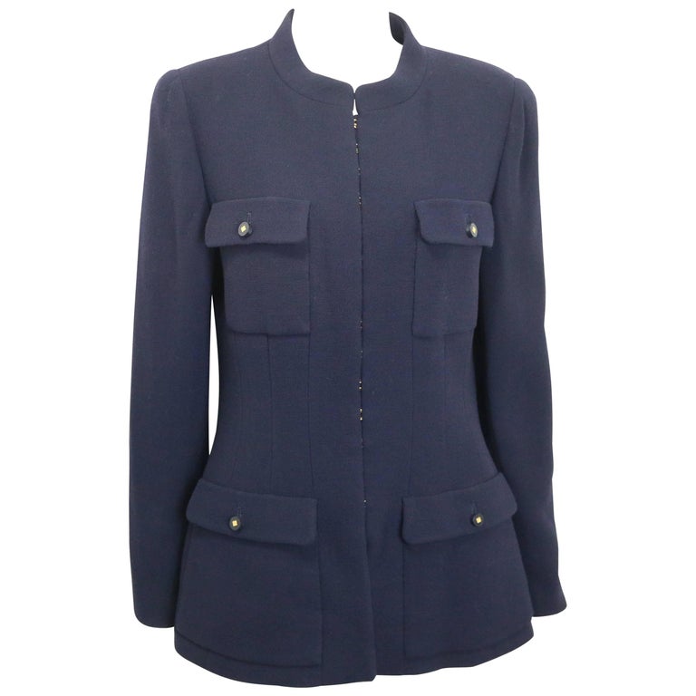 Chanel Dark Navy Military Inspired Style Mandarin Collar Wool Jacket at