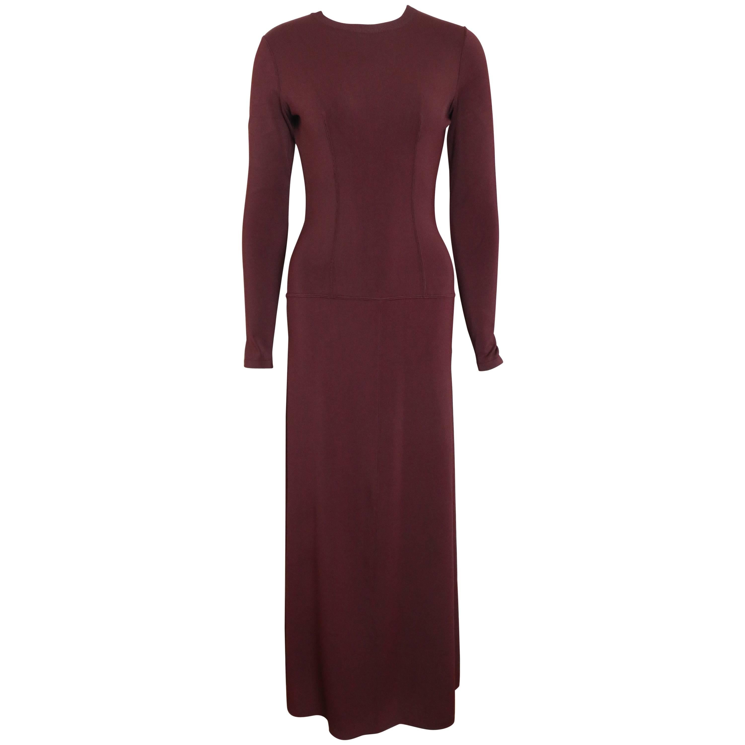 Vintage 90s Alaia Wine Long Sleeves BodyCon Maxi Dress For Sale