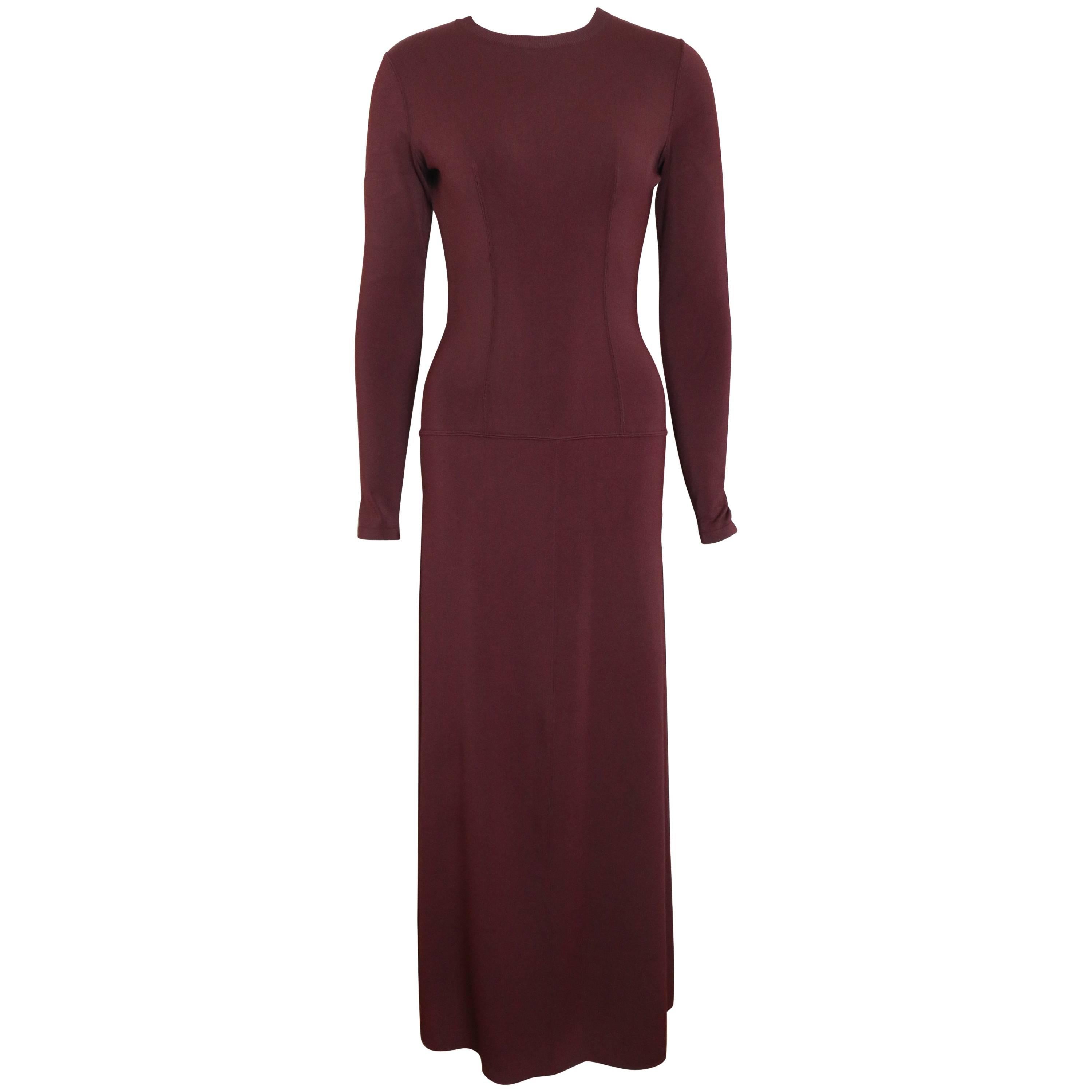 Vintage 90s Alaia Wine Long Sleeves BodyCon Maxi Dress  For Sale