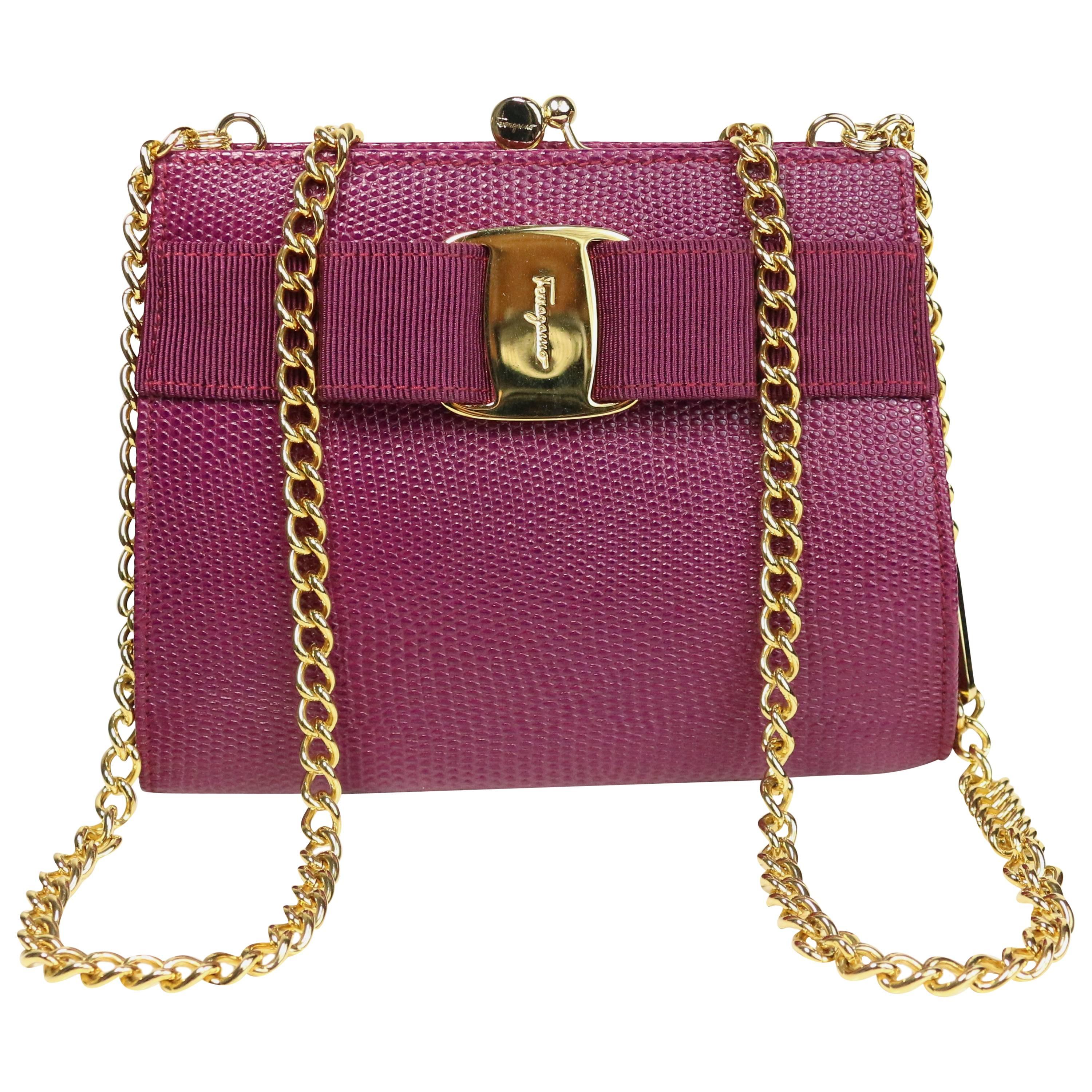 Salvatore Ferragamo Purple Lizard Skin Gold Chain Shoulder Bag