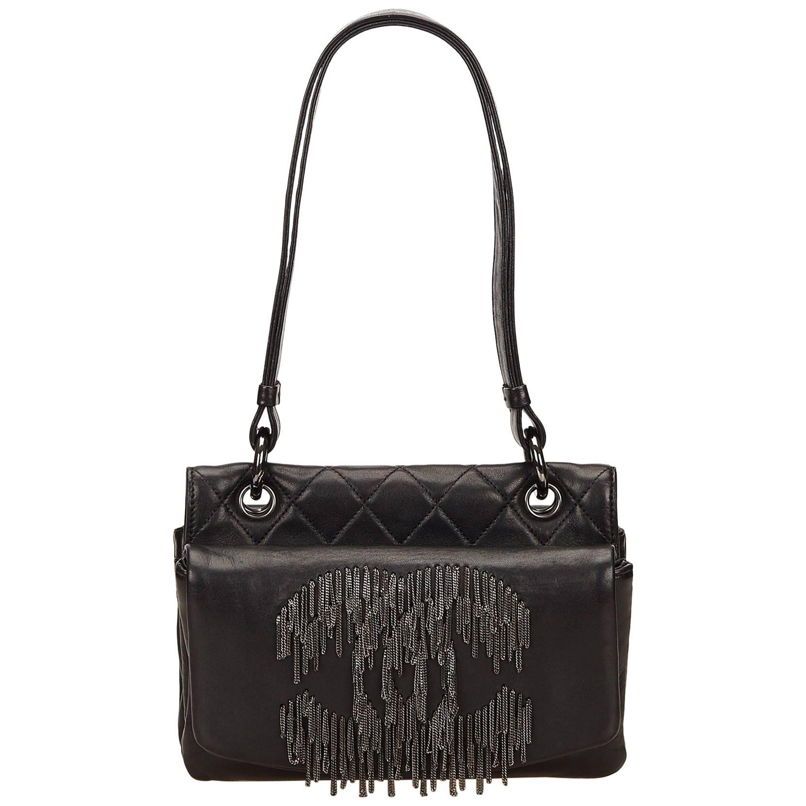 Chanel Black Leather Silver "CC" Fringe Chain Handbag 