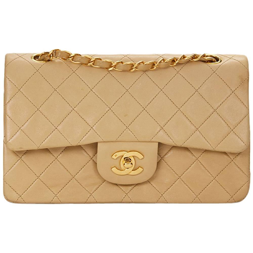 1990s Chanel Beige Quilted Lambskin Vintage Small Classic Double Flap Bag