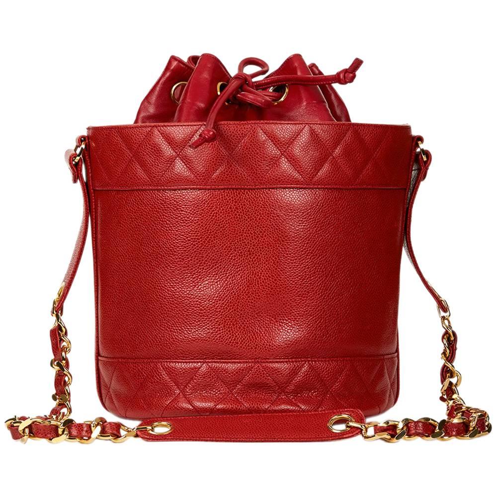 1990s Chanel Red Quilted Caviar Leather Vintage Bucket Bag