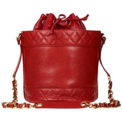 1990s Chanel Red Quilted Caviar Leather Retro Bucket Bag