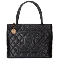 2002 Chanel Black Quilted Caviar Leather Medallion Tote
