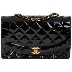1990s Chanel Black Quilted Patent Leather Vintage Medium Diana Flap Bag