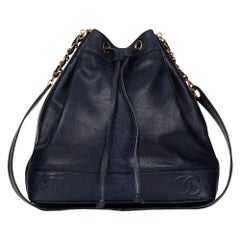 1990s Chanel Navy Caviar Leather Vintage Bucket Bag