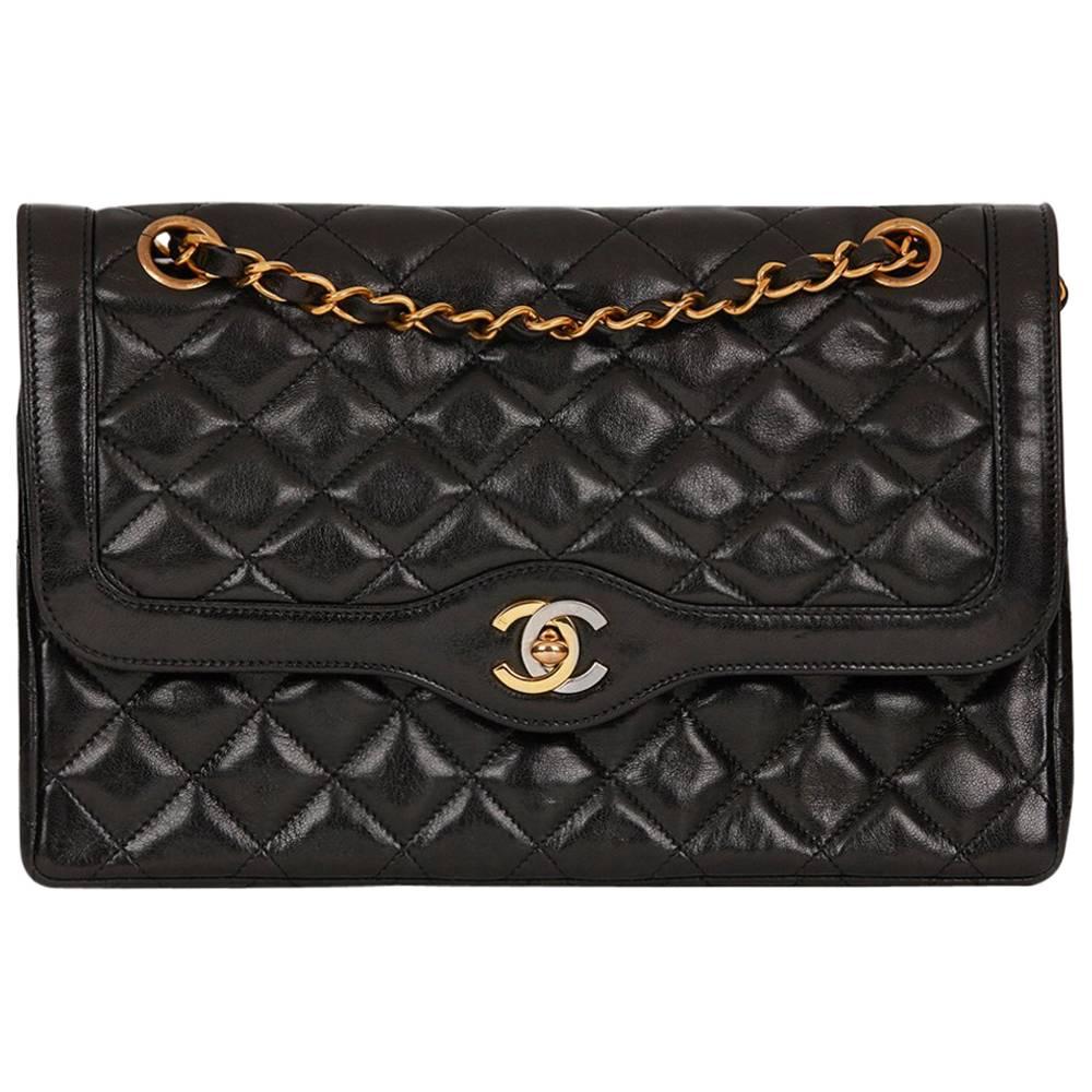 1990s Chanel Black Quilted Lambskin Vintage Limited Edition Classic Double Flap 